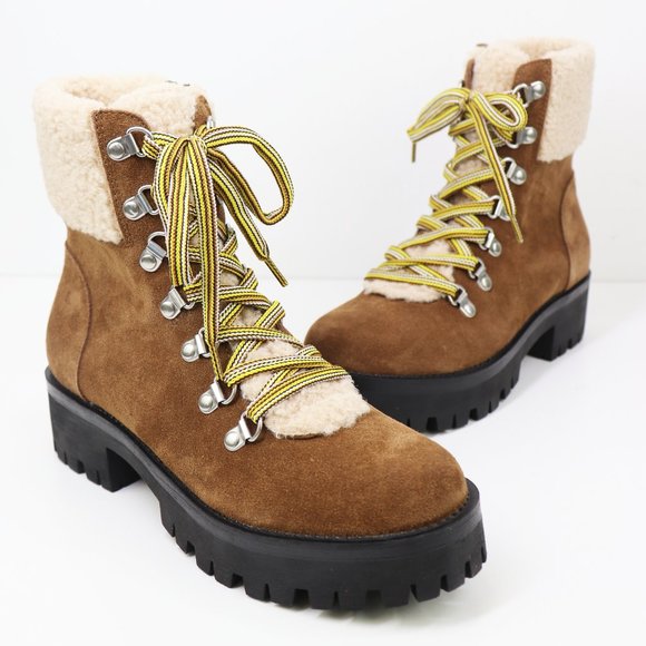 NWT Steve Madden Aniko Boot Faux Fur Trim Lug Sole Lace Up Platforms Chestnut 7 - Picture 5 of 9